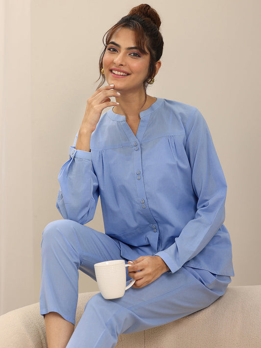 Blue Solid Cotton Night Suits