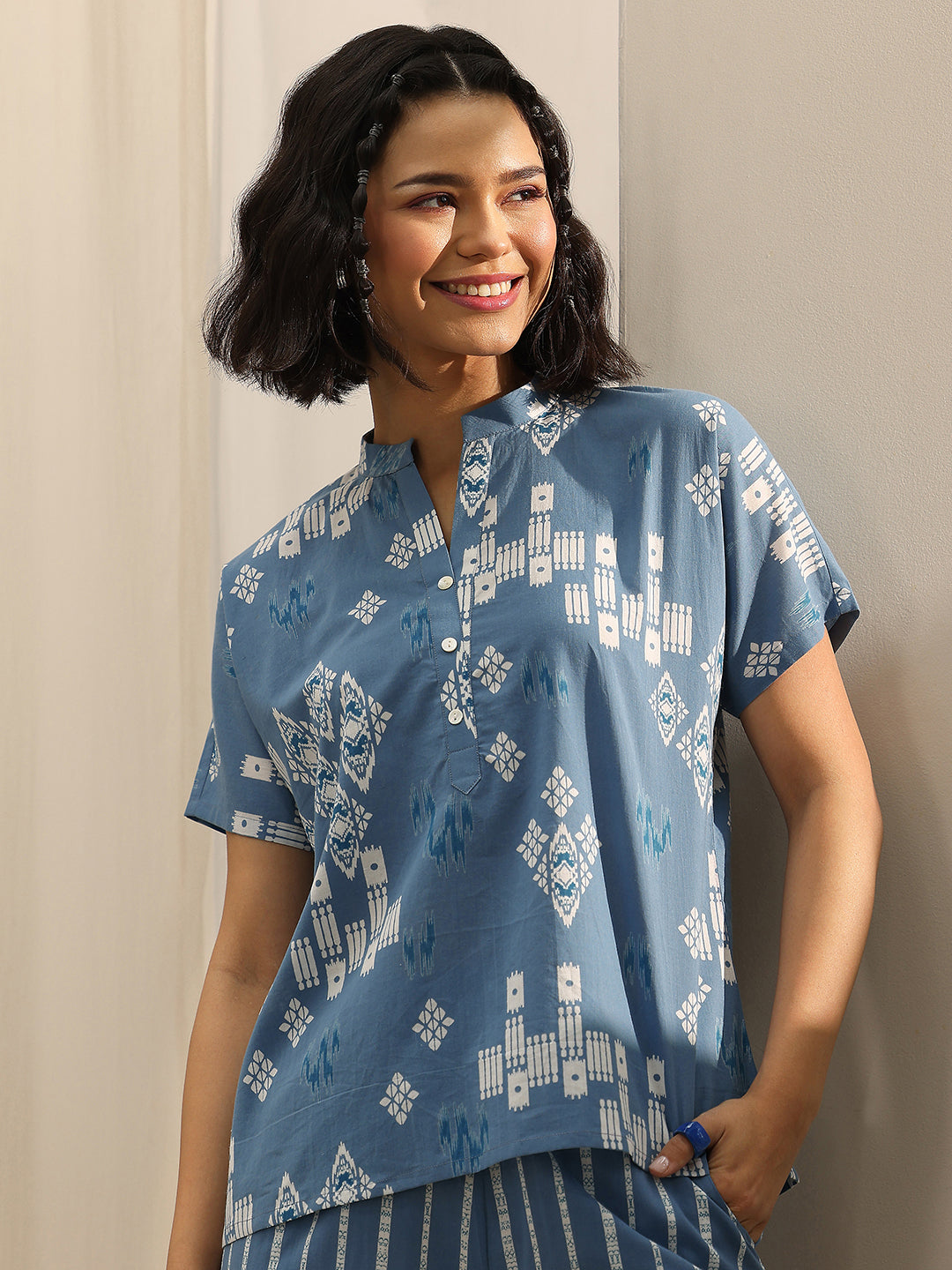 Blue Printed Cotton Night Suits