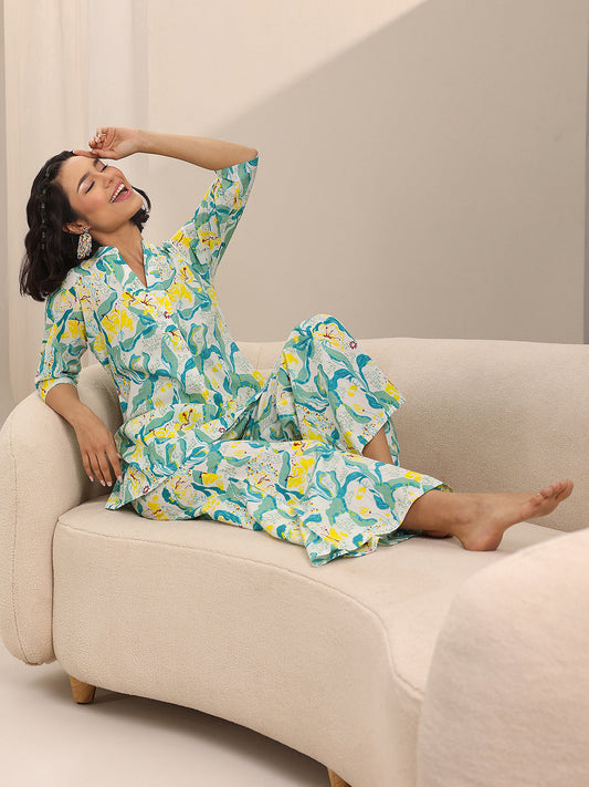 Off white Printed Cotton Night Suits