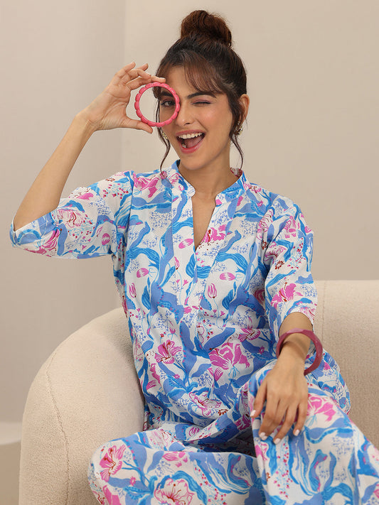 Off white Printed Cotton Night Suits