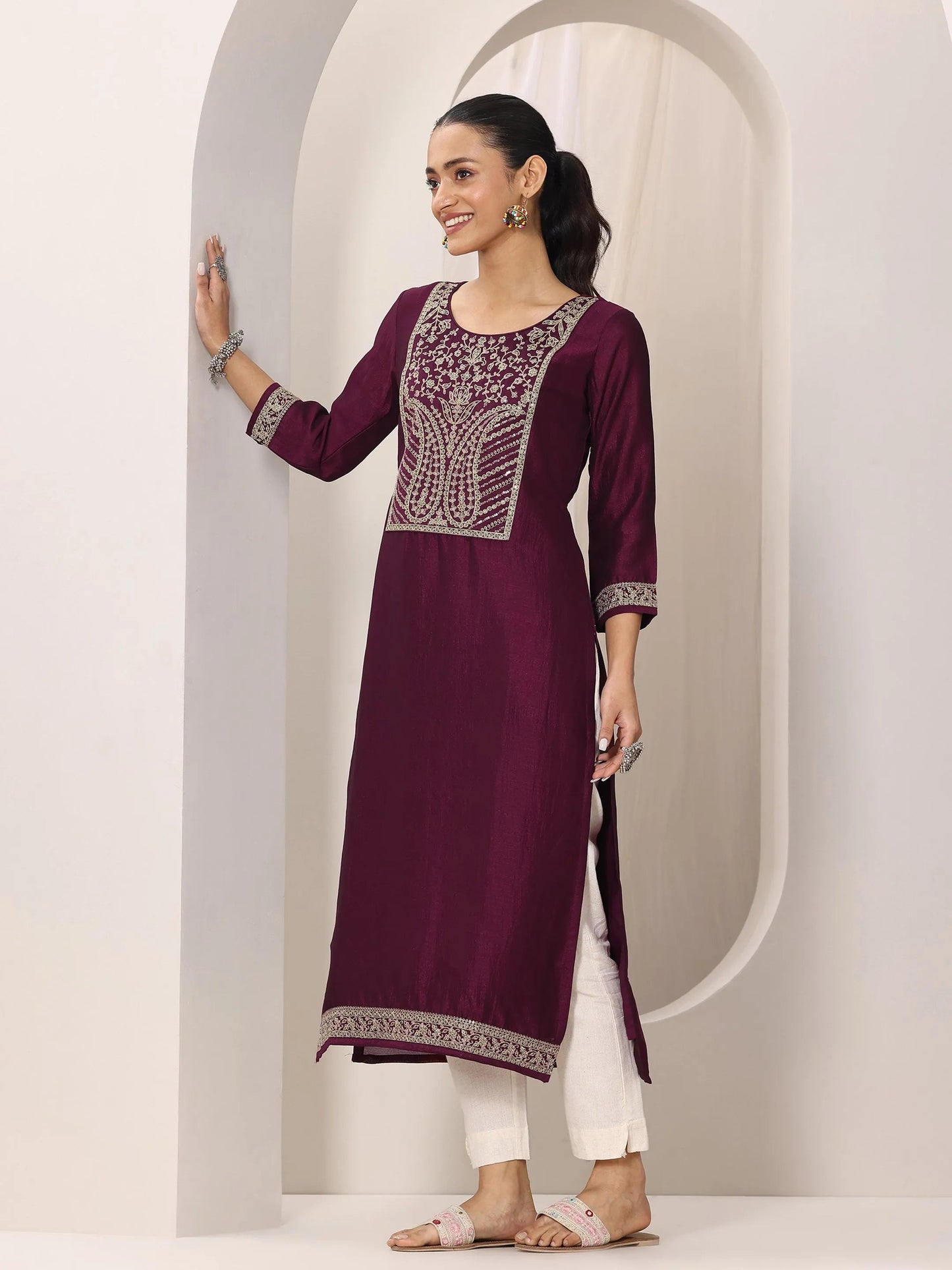 Wine Yoke Design Silk Kurta