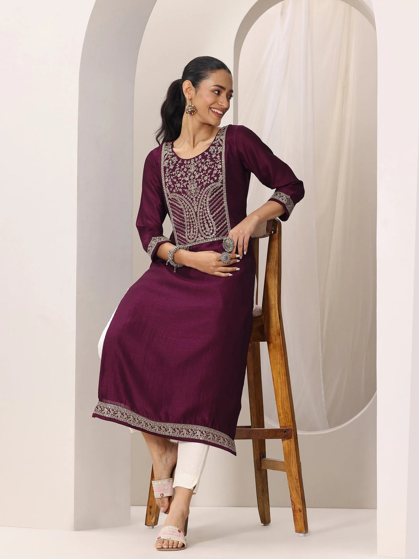 Wine Yoke Design Silk Kurta