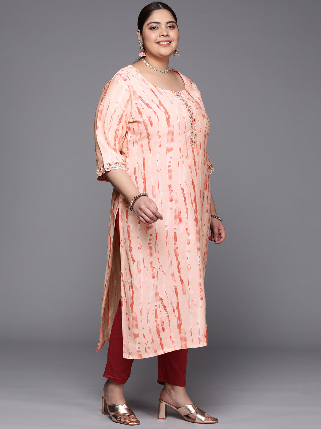 Plus Size Peach Printed Silk Straight Kurta