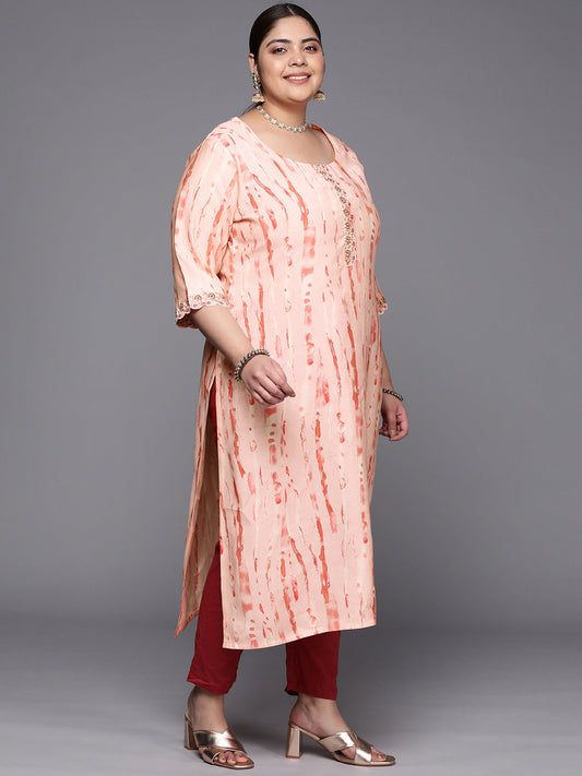 Plus Size Peach Printed Silk Straight Kurta