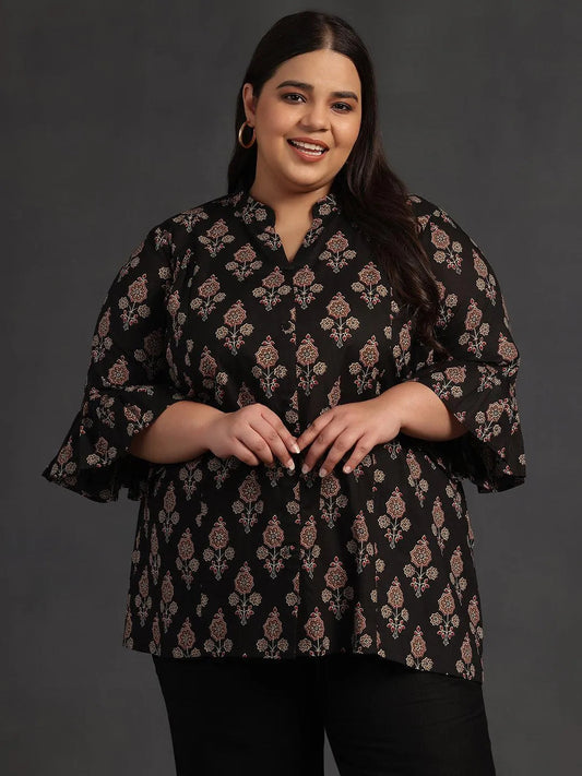 Plus Size Black Printed Cotton A-Line Kurti