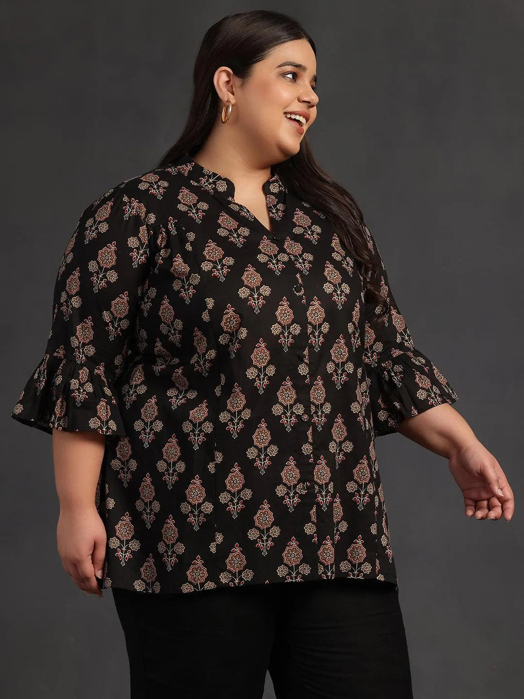 Plus Size Black Printed Cotton A-Line Kurti