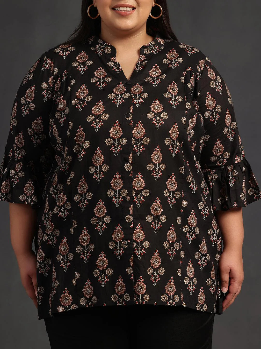 Plus Size Black Printed Cotton A-Line Kurti