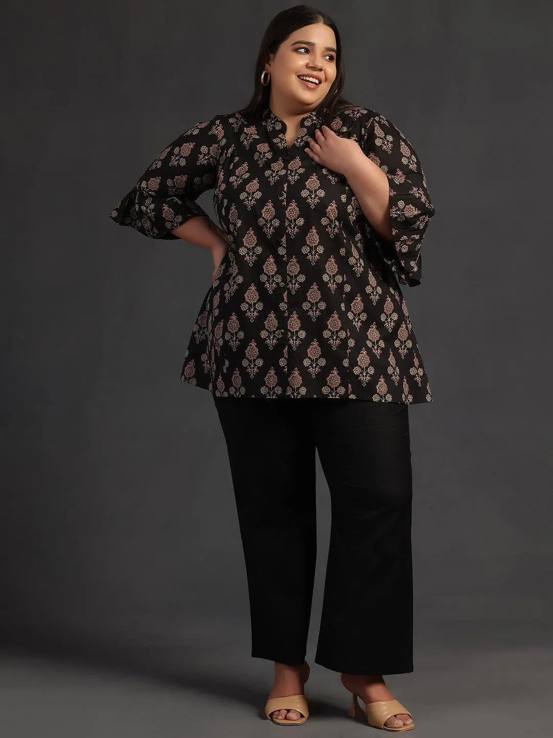 Plus Size Black Printed Cotton A-Line Kurti