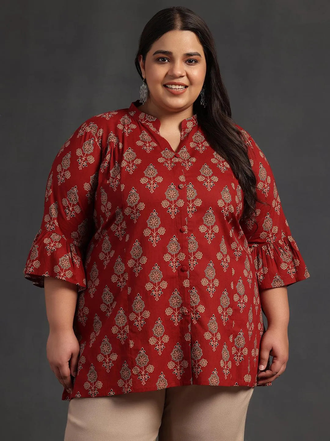 Plus Size Maroon Printed Cotton A-Line Kurti