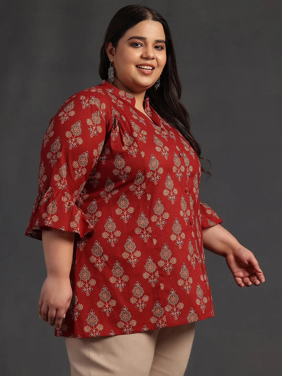 Plus Size Maroon Printed Cotton A-Line Kurti