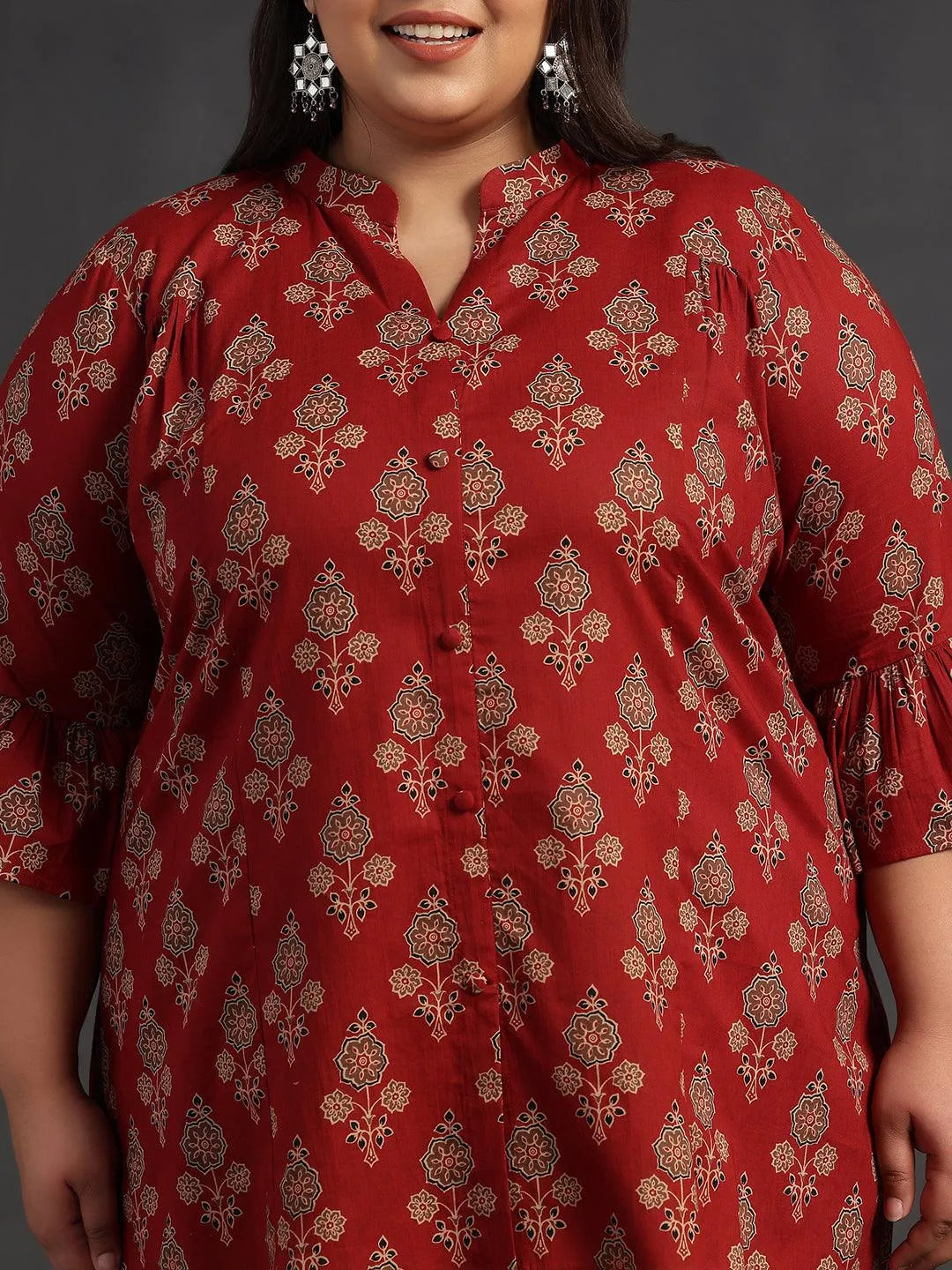 Plus Size Maroon Printed Cotton A-Line Kurti