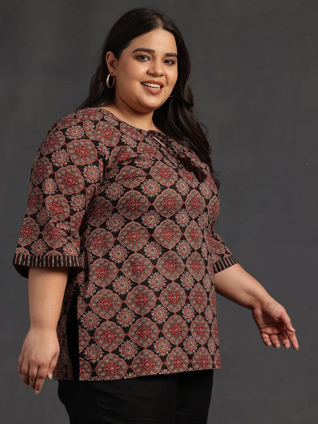 Plus Size Black Printed Cotton Straight Kurti