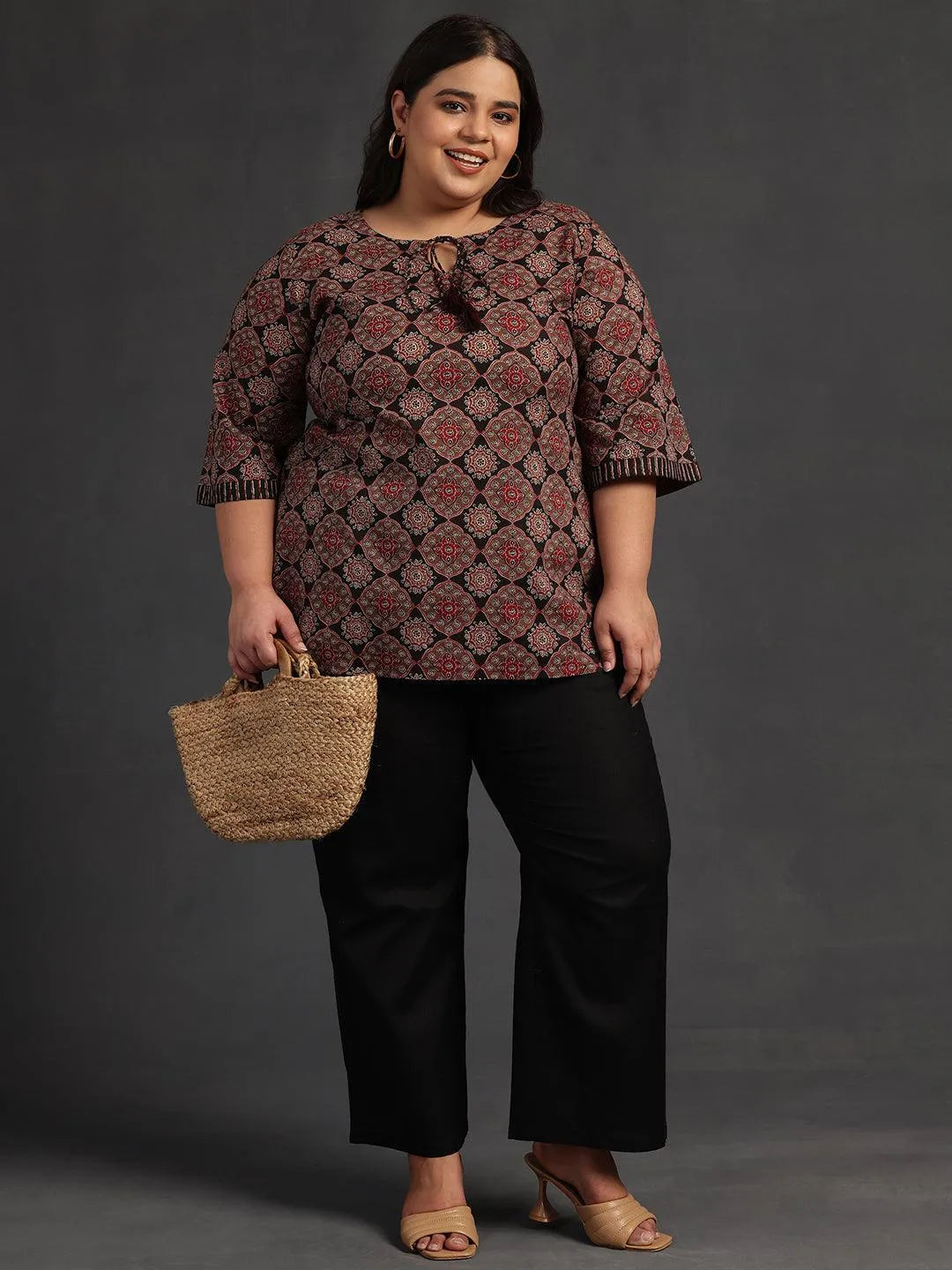 Plus Size Black Printed Cotton Straight Kurti