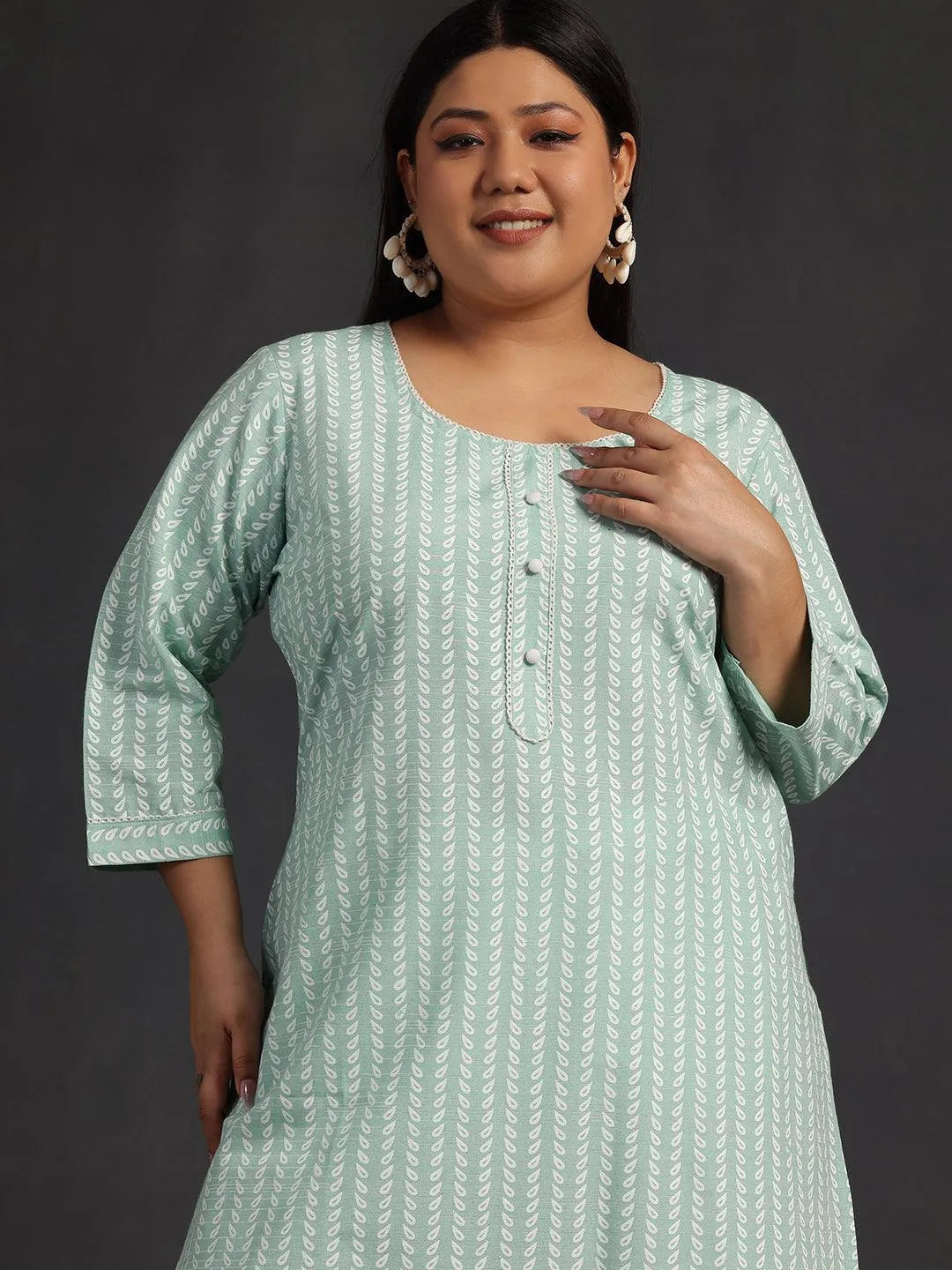 Plus Size Green Printed Cotton Straight Kurta