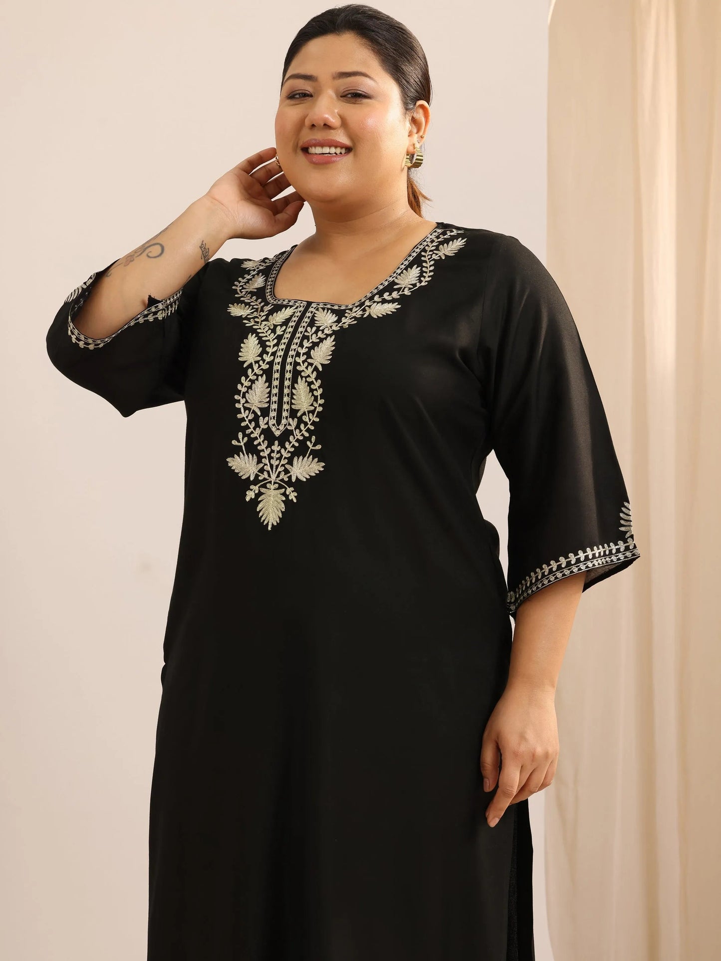 Plus Size Black Printed Rayon Straight Kurta