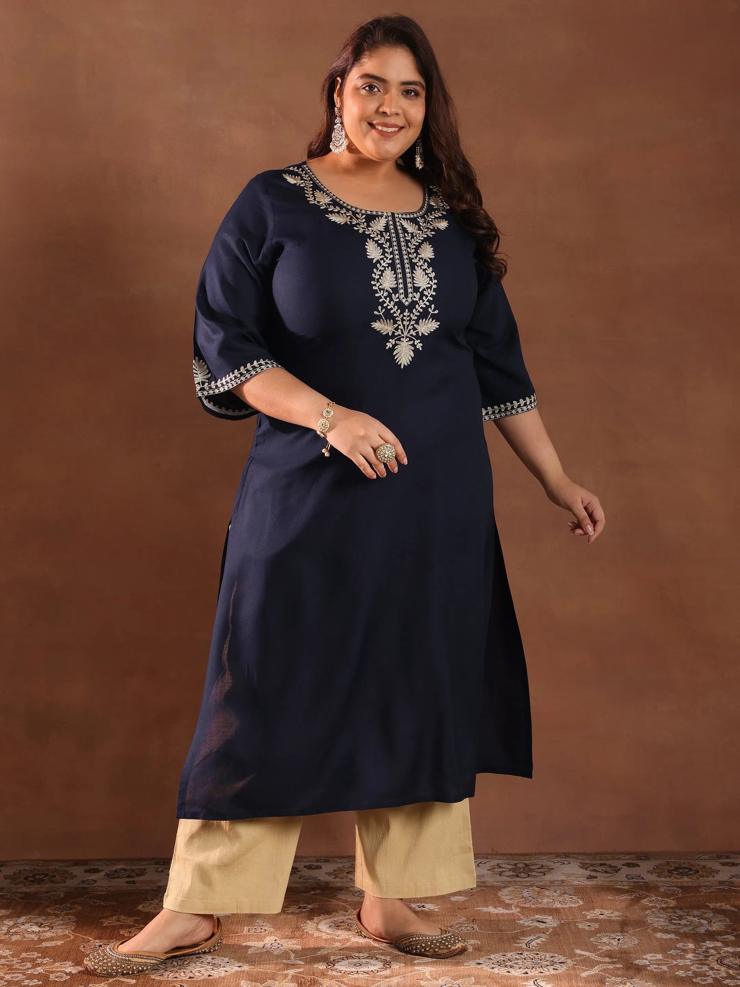 Plus Size Blue Yoke Design Rayon Straight Kurta