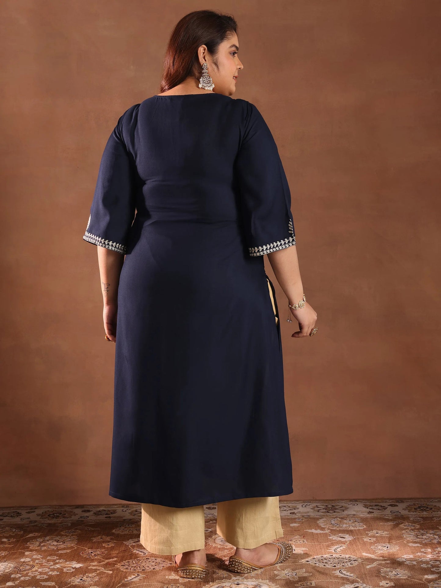 Plus Size Blue Yoke Design Rayon Straight Kurta