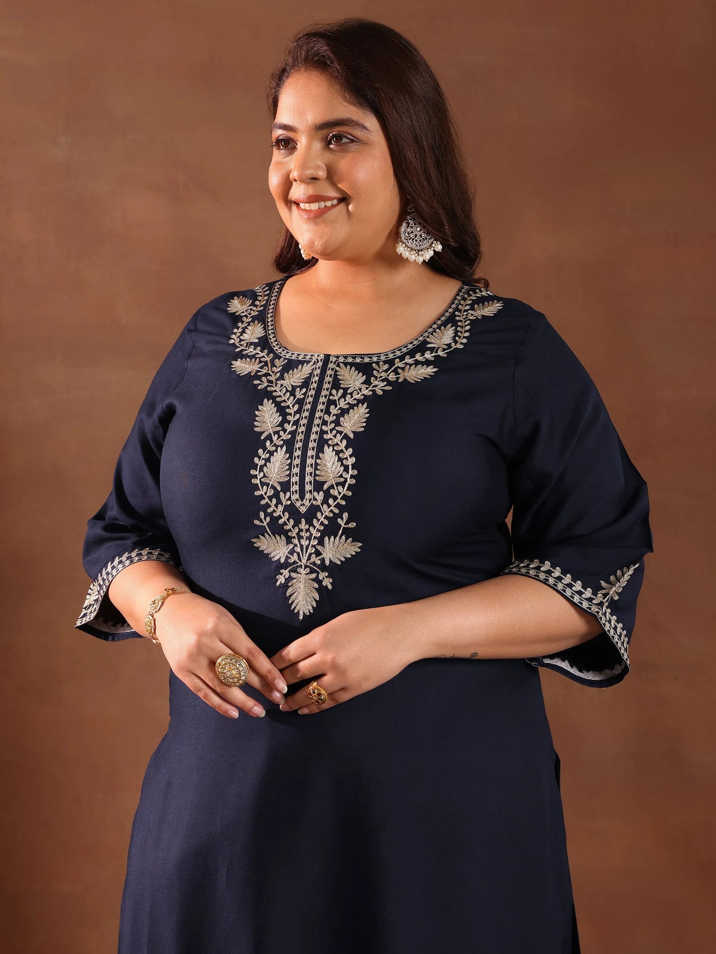 Plus Size Blue Yoke Design Rayon Straight Kurta