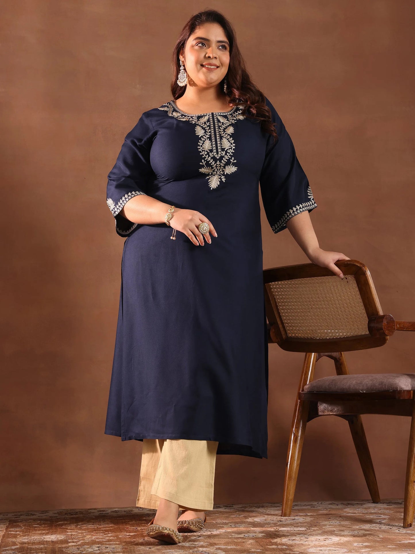 Plus Size Blue Yoke Design Rayon Straight Kurta