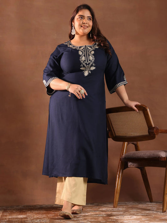 Plus Size Blue Yoke Design Rayon Straight Kurta