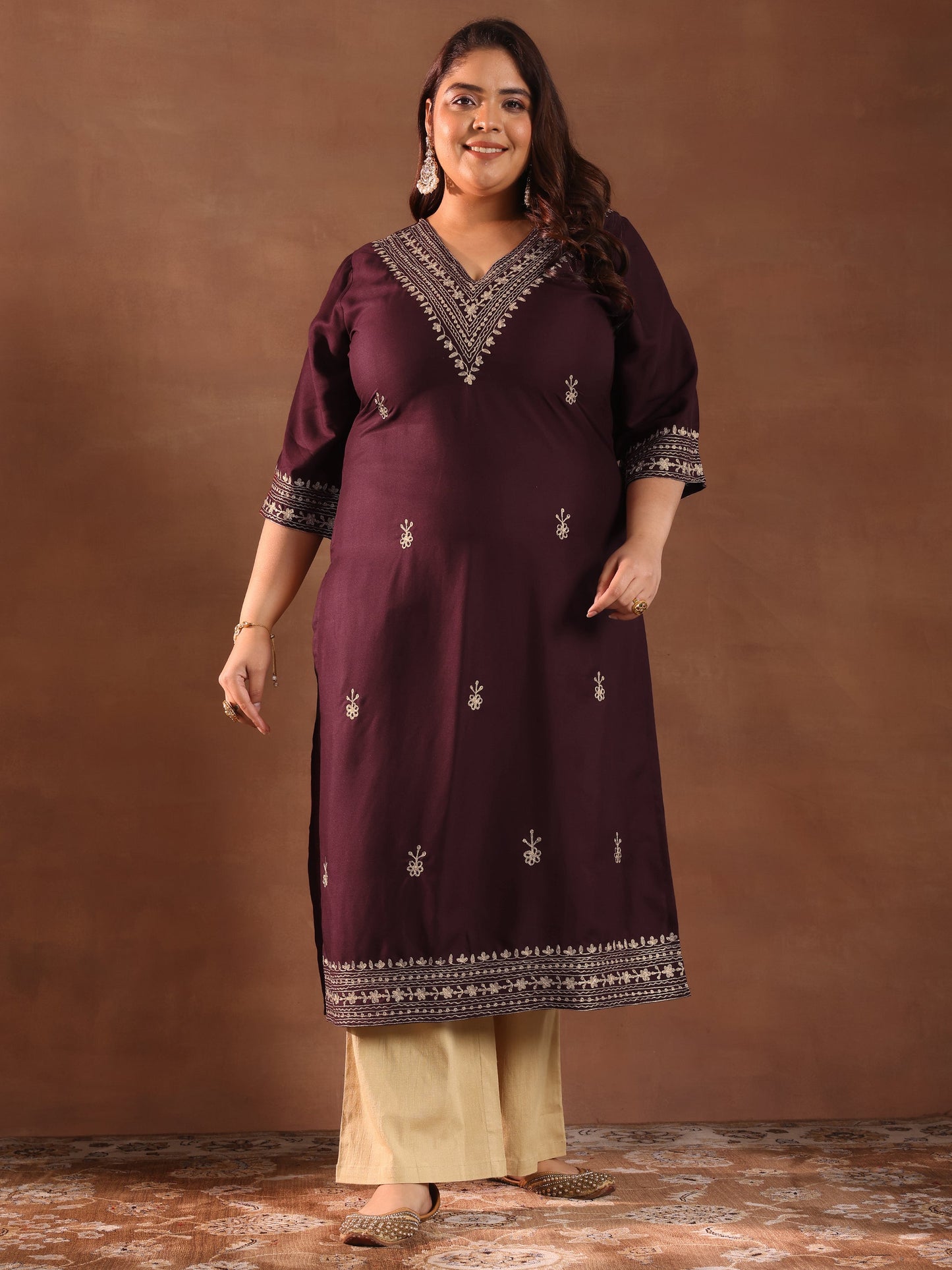 Plus Size Burgundy Printed Rayon Straight Kurta