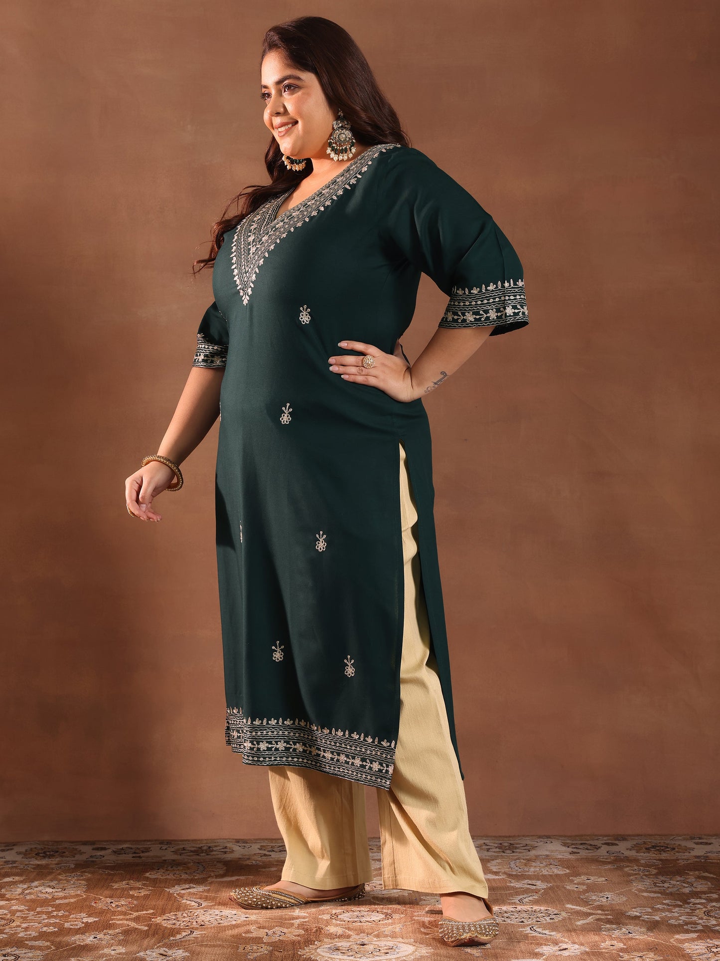 Plus Size Green Embroidered Rayon Straight Kurta