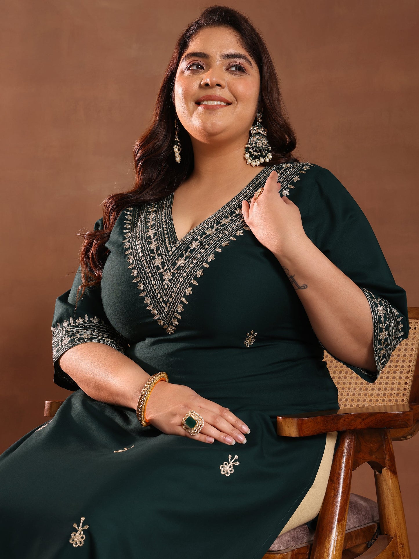 Plus Size Green Embroidered Rayon Straight Kurta