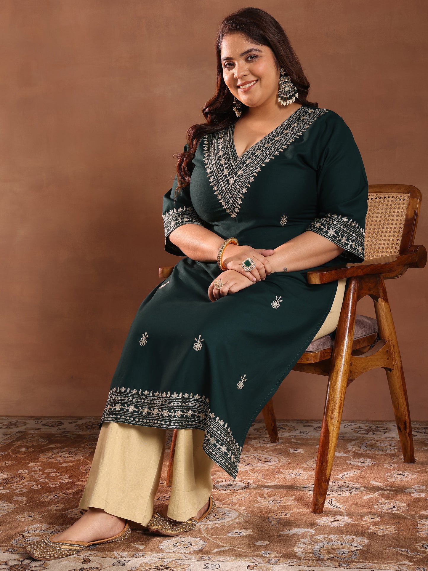 Plus Size Green Embroidered Rayon Straight Kurta