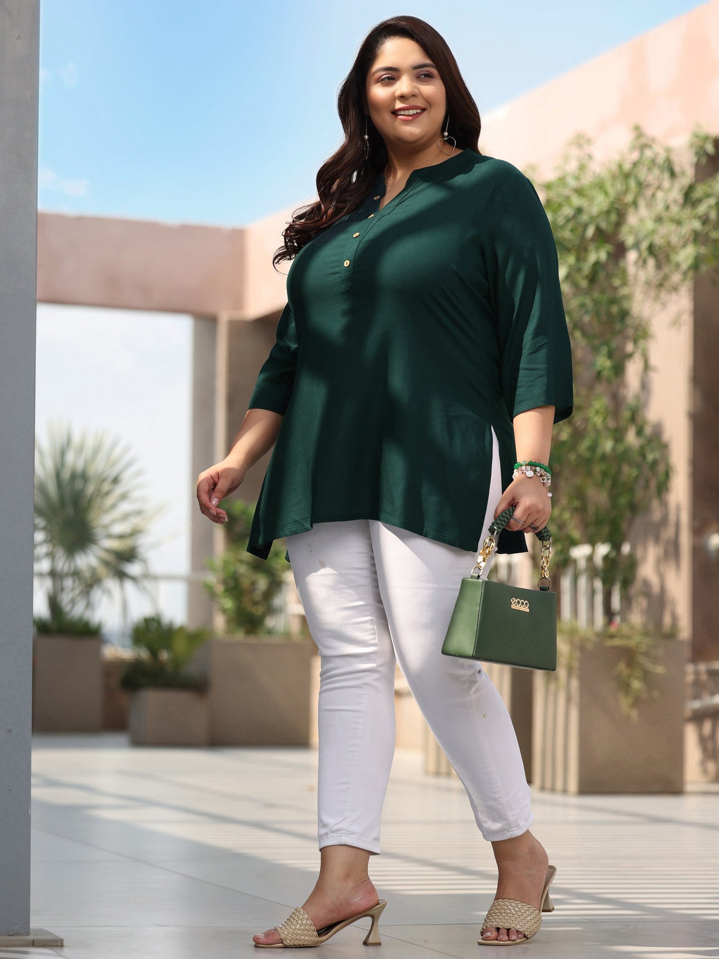 Plus Size Green Solid Rayon Straight Kurti