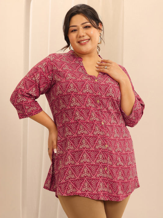 Plus Size Mauve Printed Viscose Rayon Straight Short Kurti