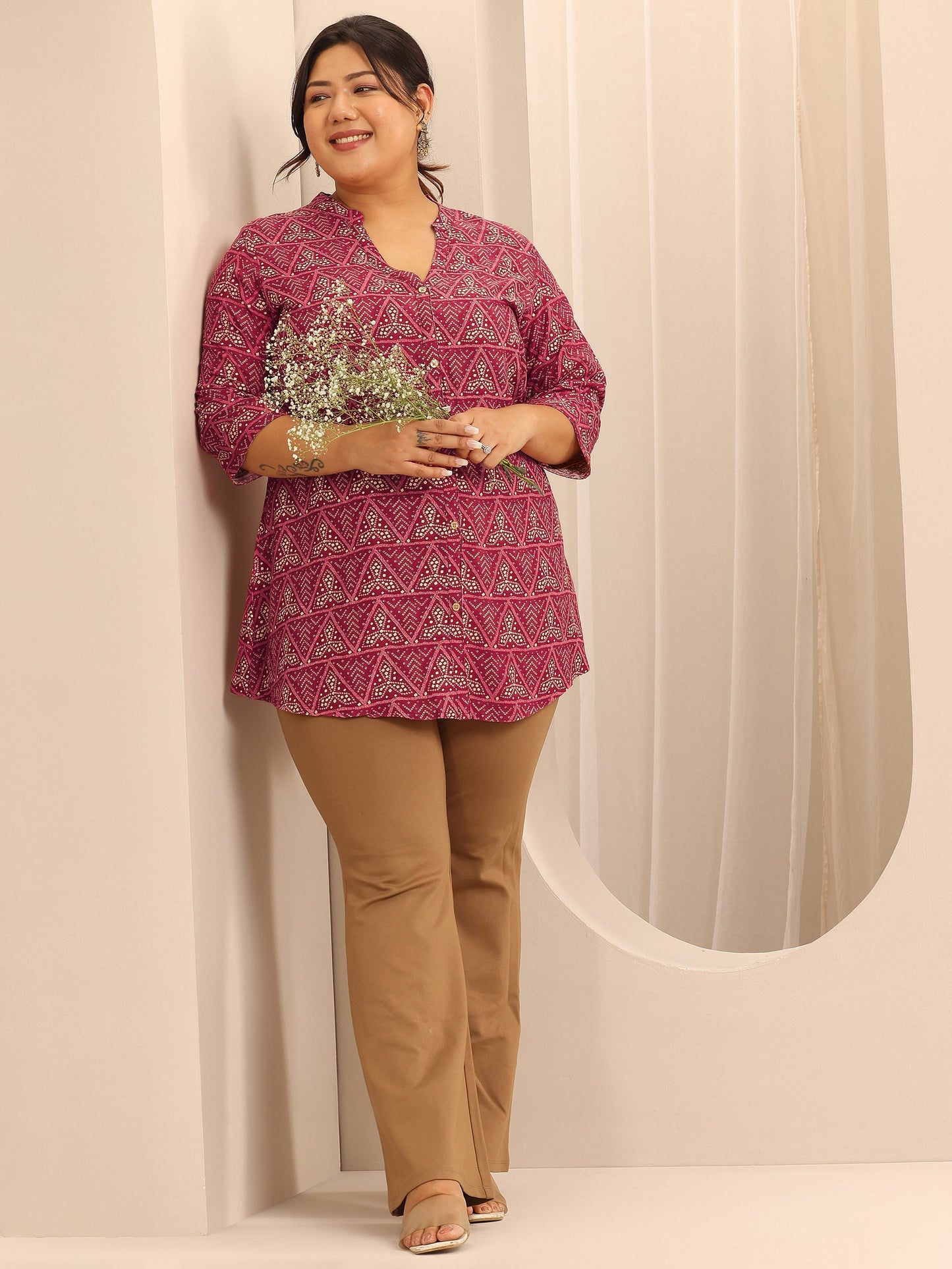 Plus Size Mauve Printed Viscose Rayon Straight Short Kurti