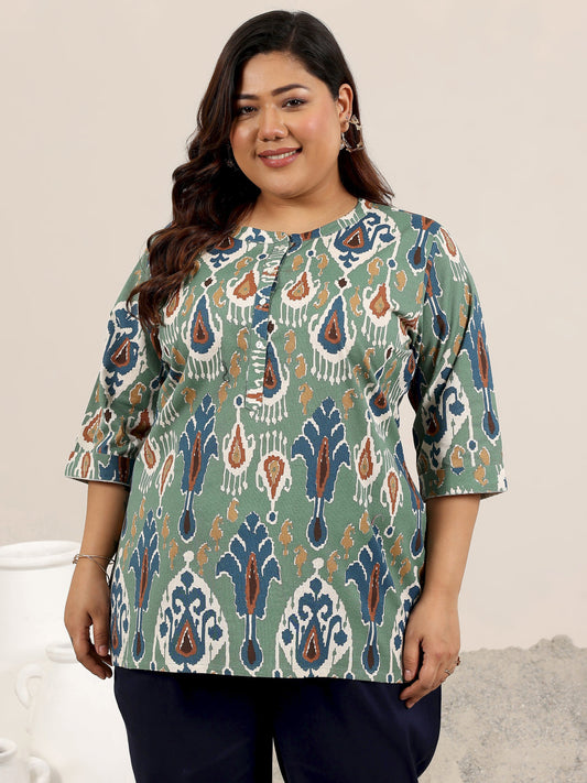 Plus Size Green Printed Cotton Straight Short Kurti