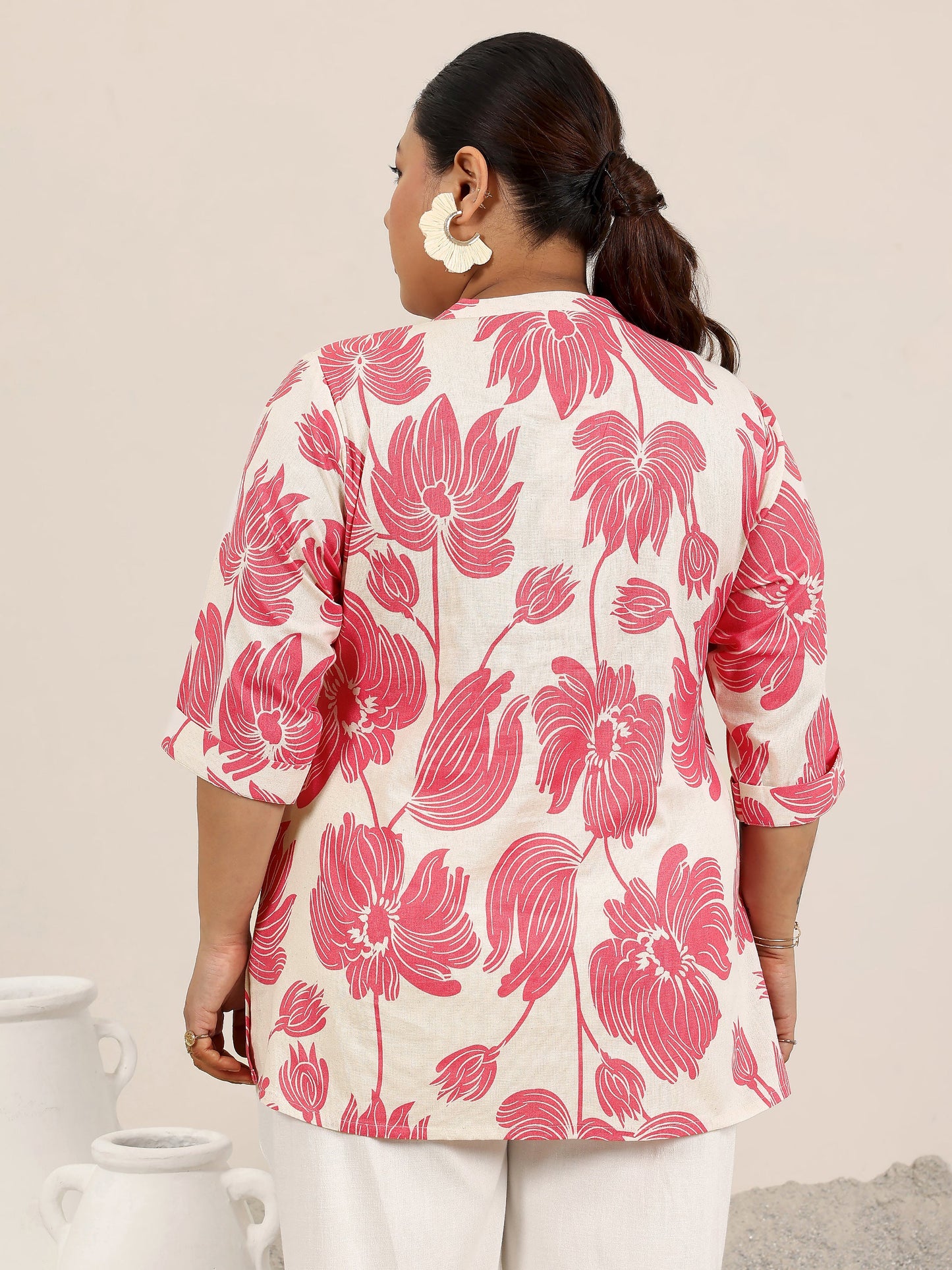 Plus Size Pink Printed Cotton Straight Short Kurti