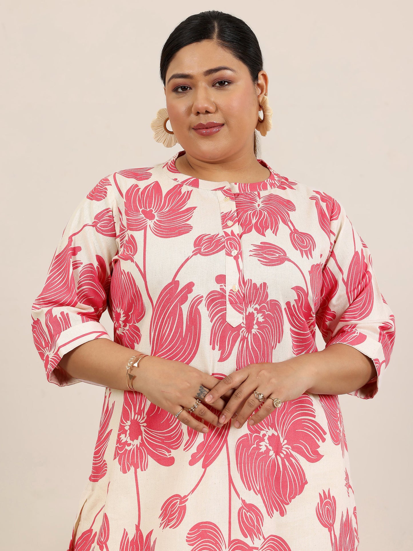 Plus Size Pink Printed Cotton Straight Short Kurti