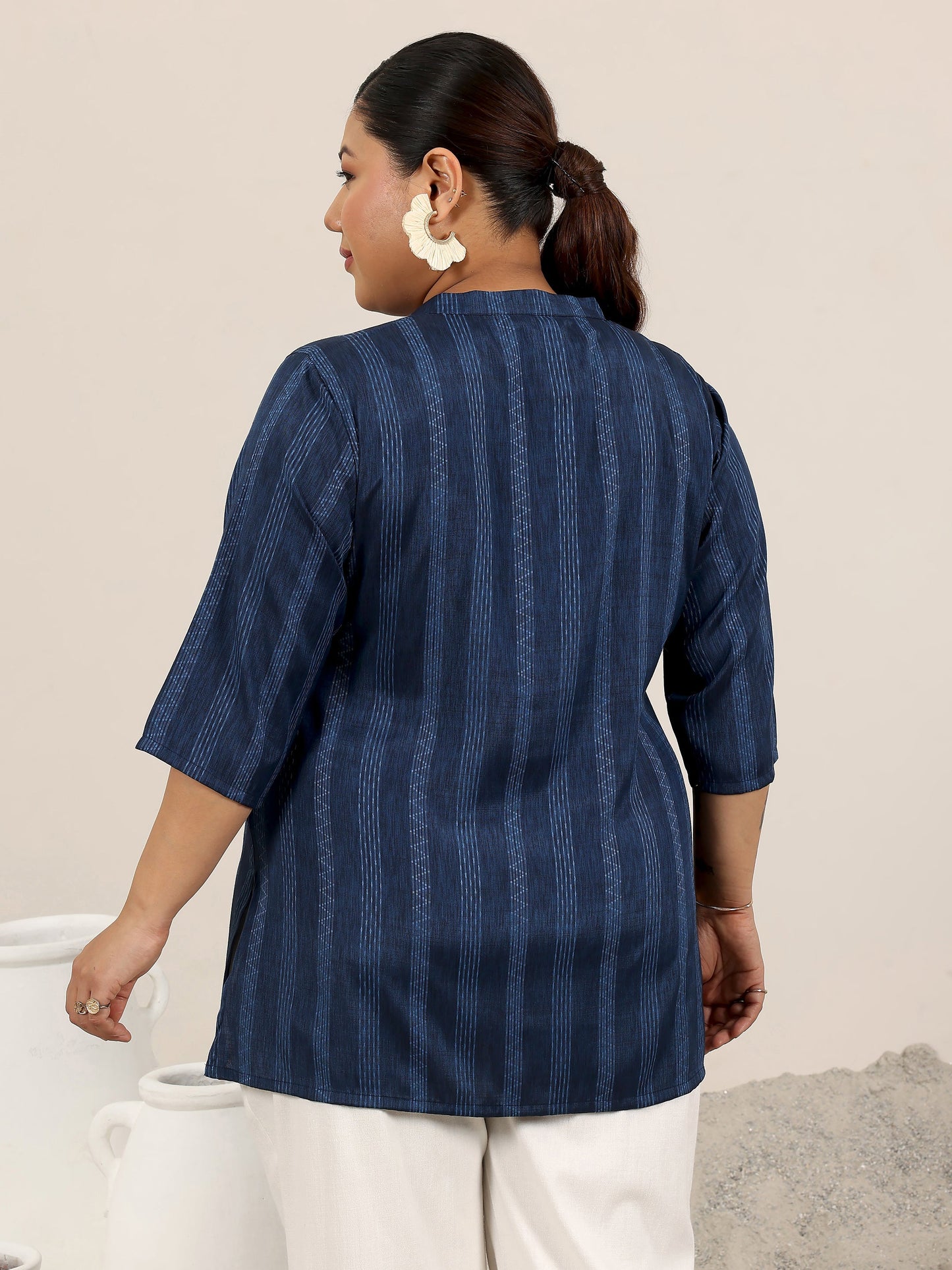 Plus Size Blue Woven Design Cotton Blend Straight Kurti