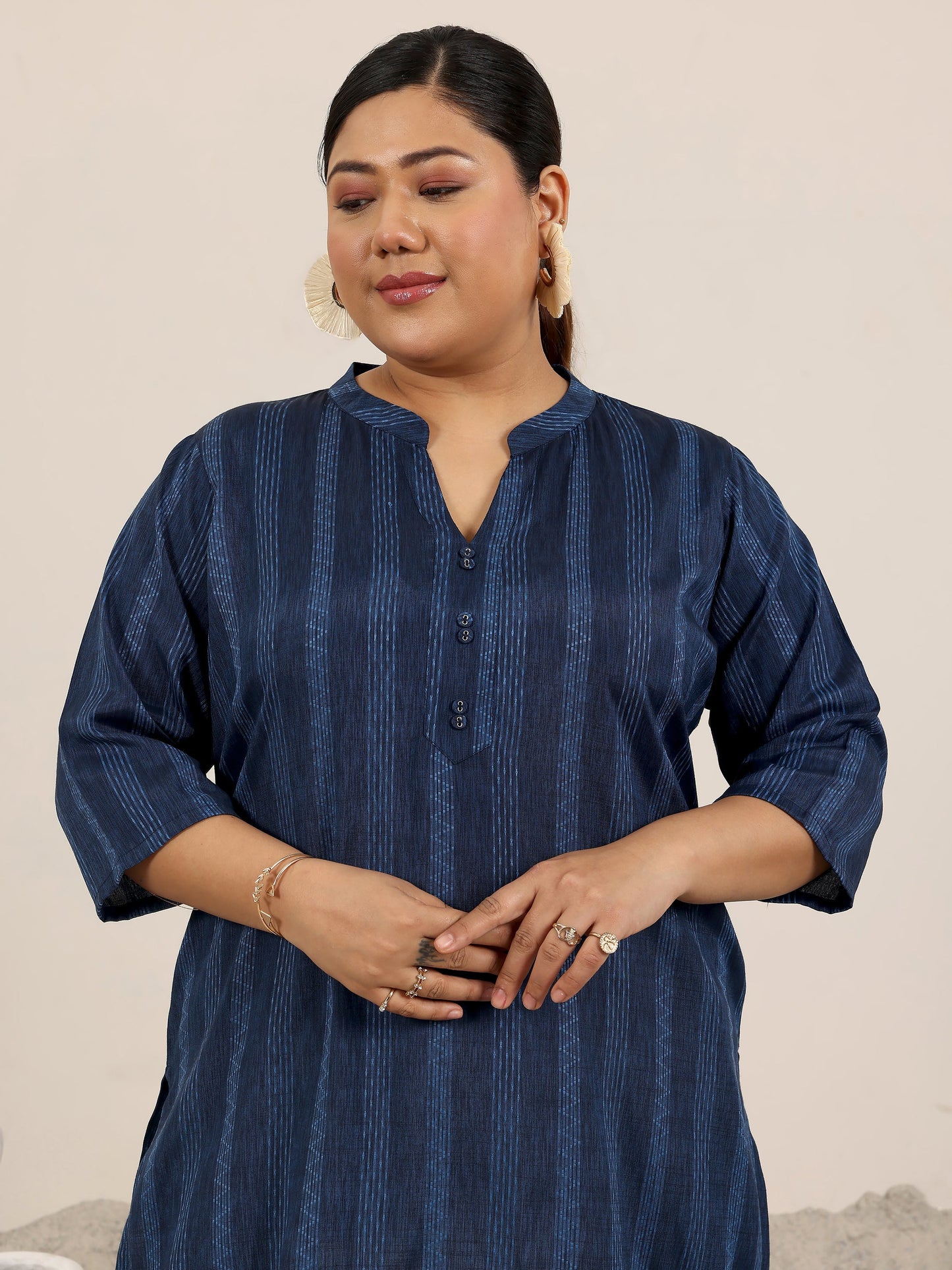 Plus Size Blue Woven Design Cotton Blend Straight Kurti