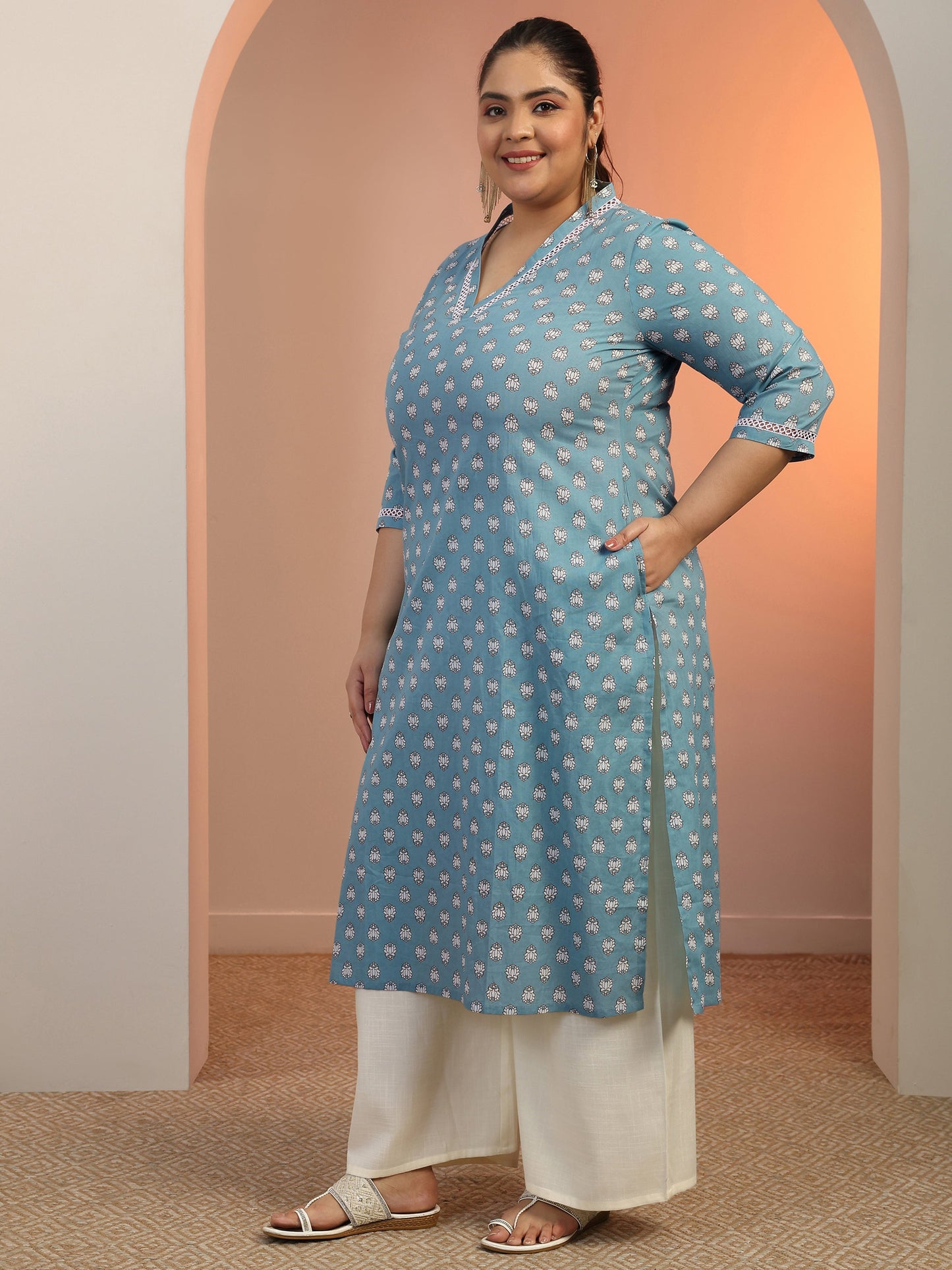 Plus Size Blue Printed Cotton Straight Kurta
