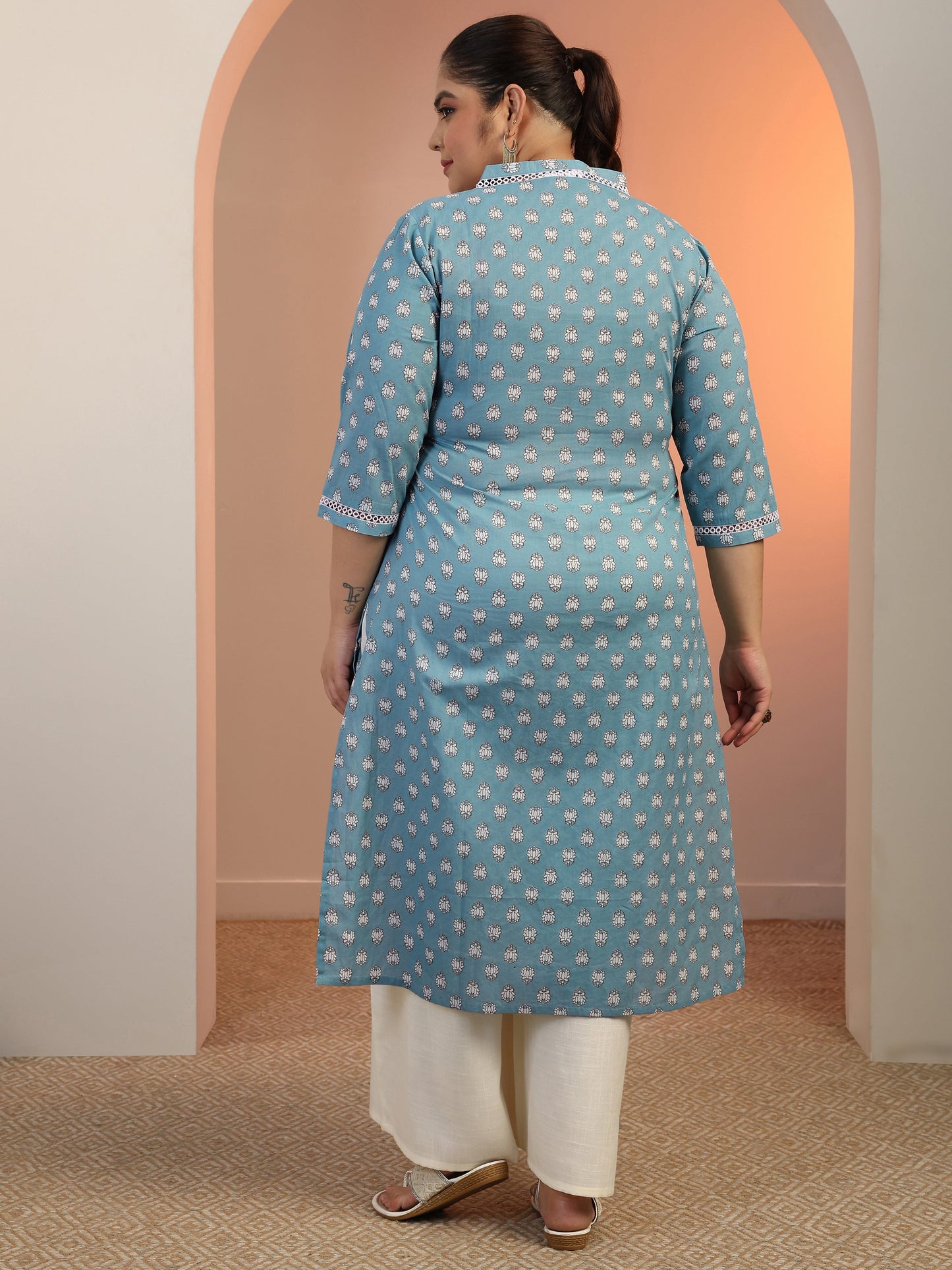 Plus Size Blue Printed Cotton Straight Kurta