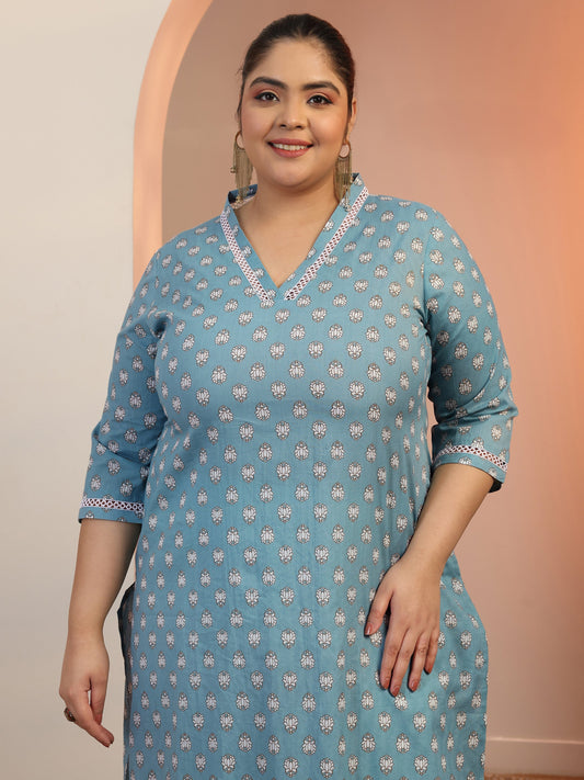 Plus Size Blue Printed Cotton Straight Kurta