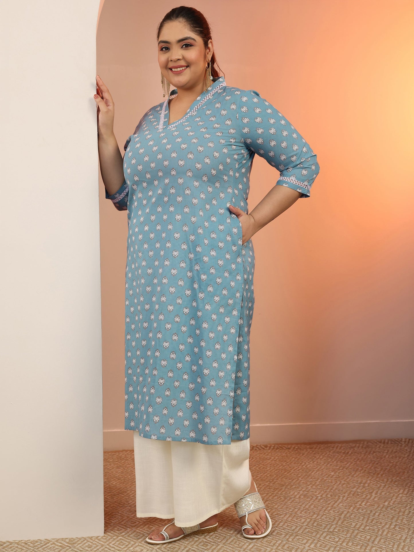 Plus Size Blue Printed Cotton Straight Kurta