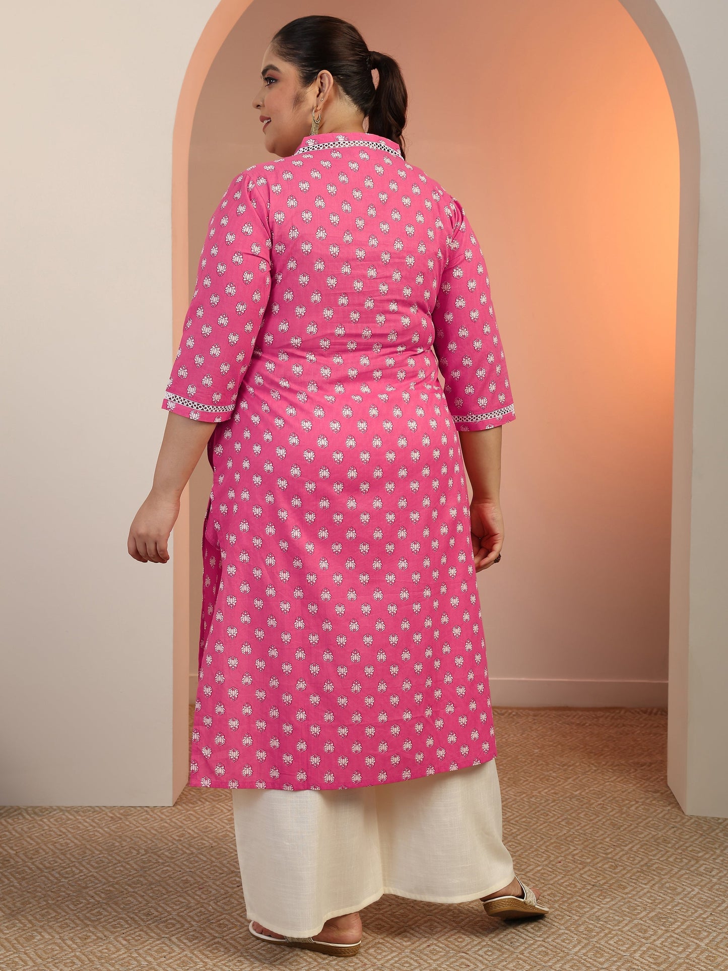 Plus Size Pink Printed Cotton Straight Kurta