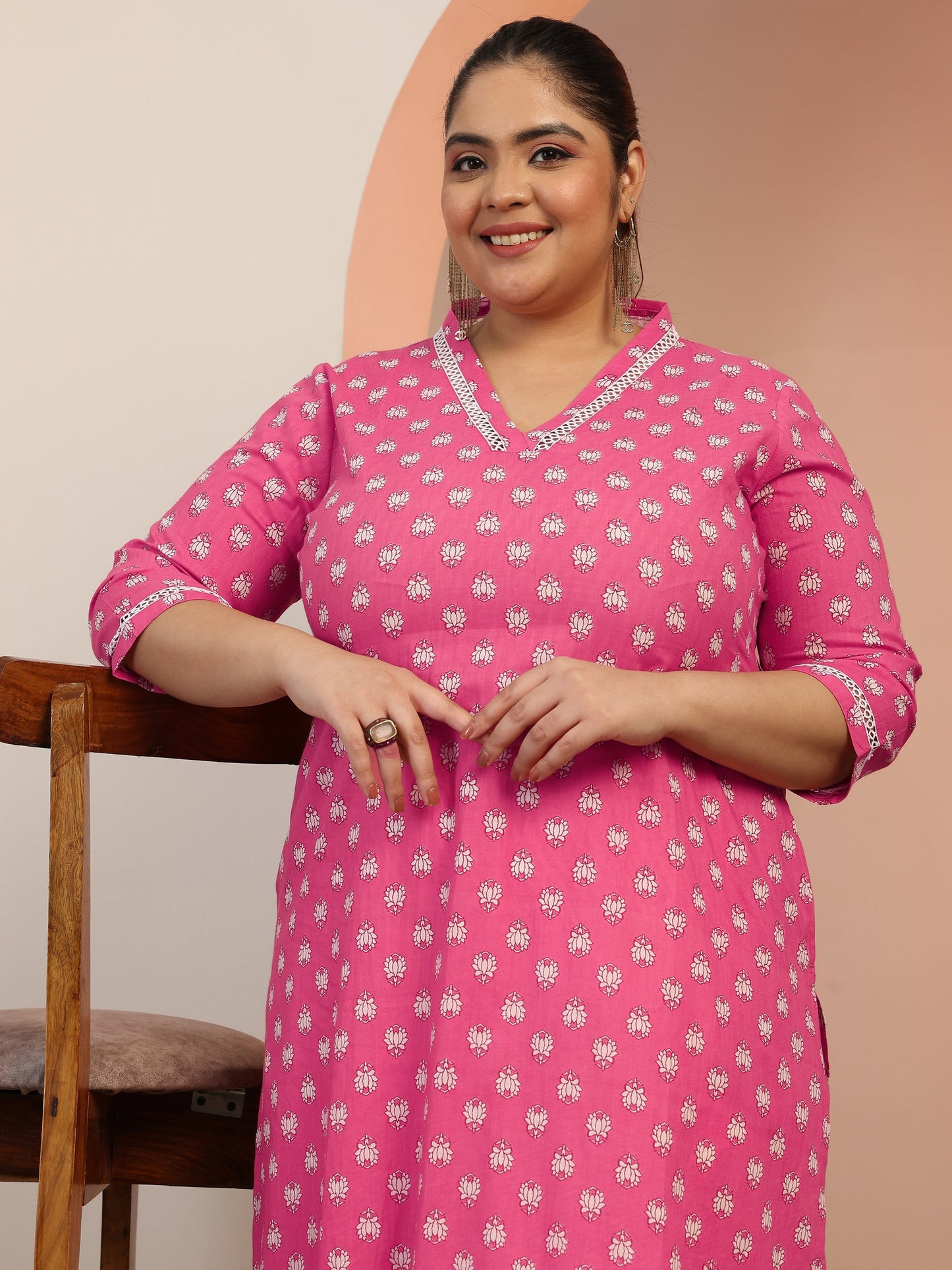 Plus Size Pink Printed Cotton Straight Kurta