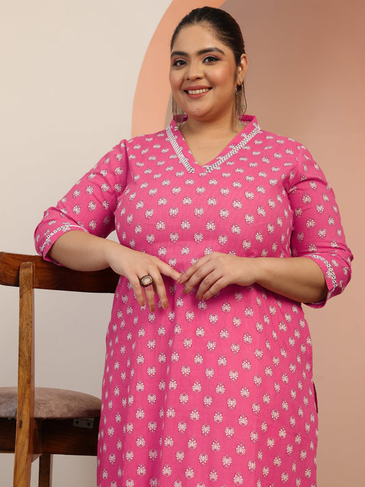 Plus Size Pink Printed Cotton Straight Kurta