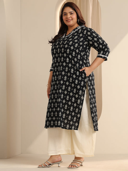 Plus Size Black Printed Cotton Straight Kurta