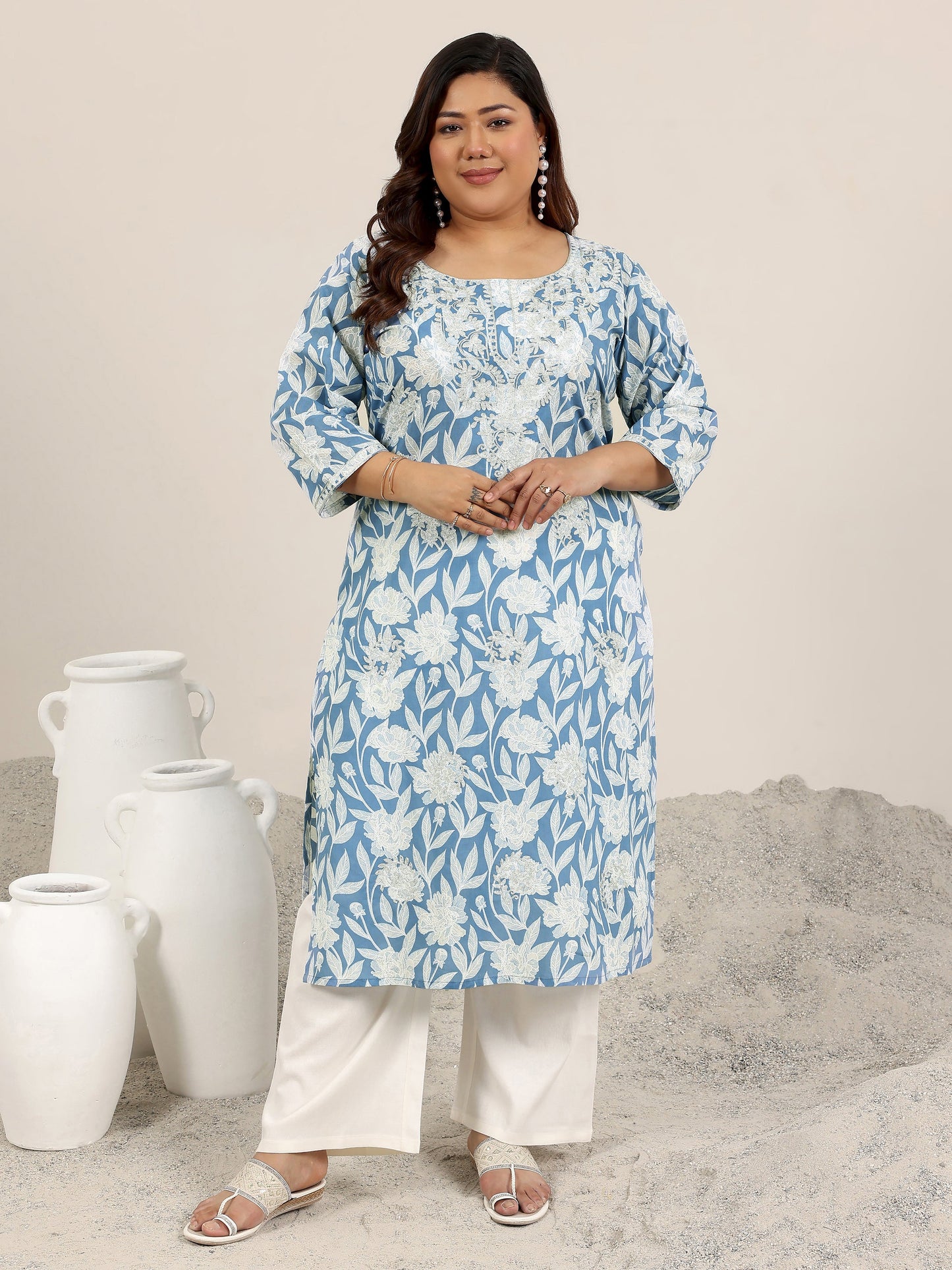 Plus Size Blue Printed Cotton Kurta