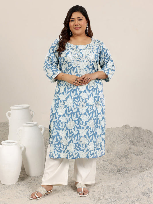 Plus Size Blue Printed Cotton Kurta