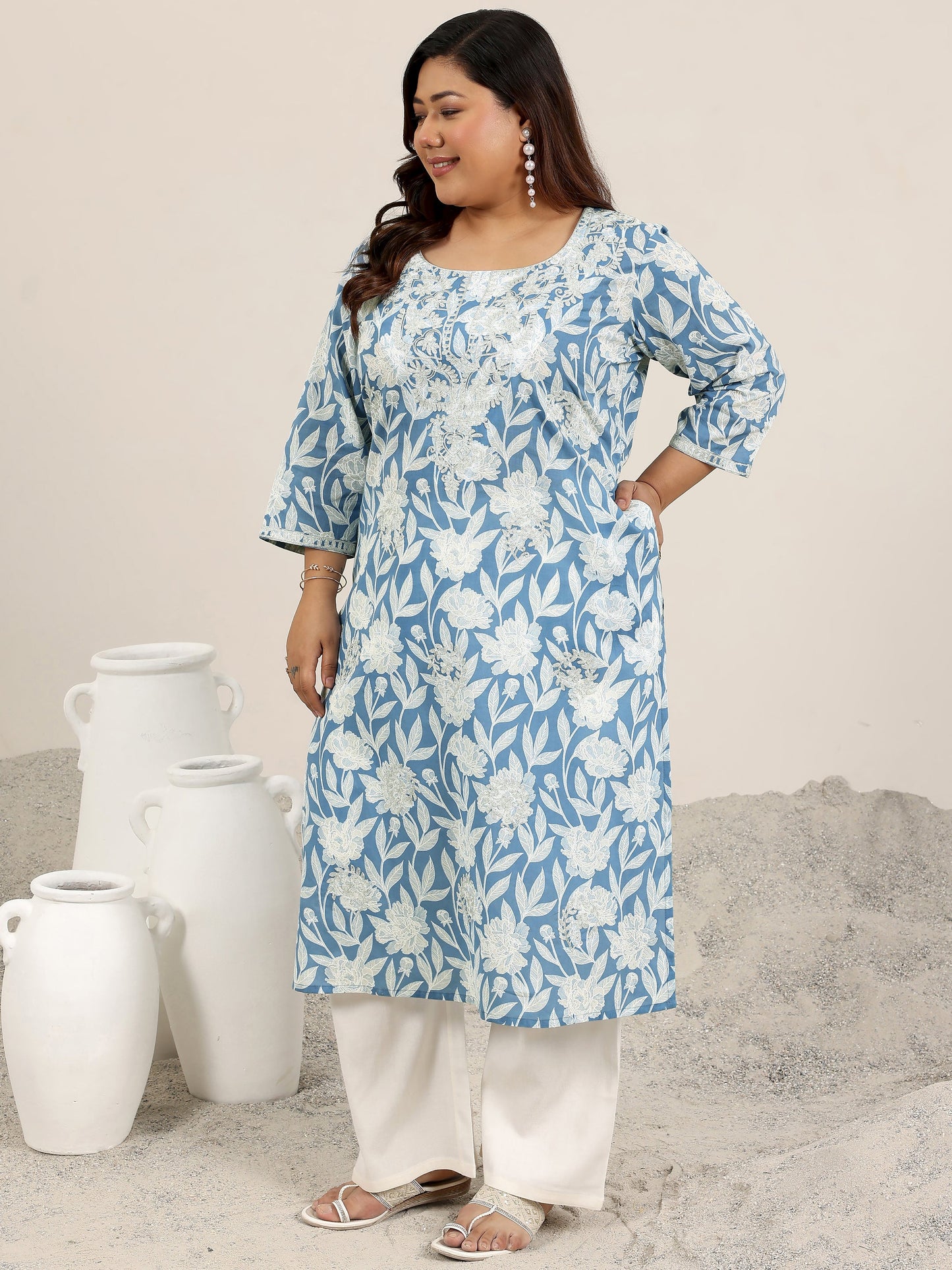 Plus Size Blue Printed Cotton Kurta