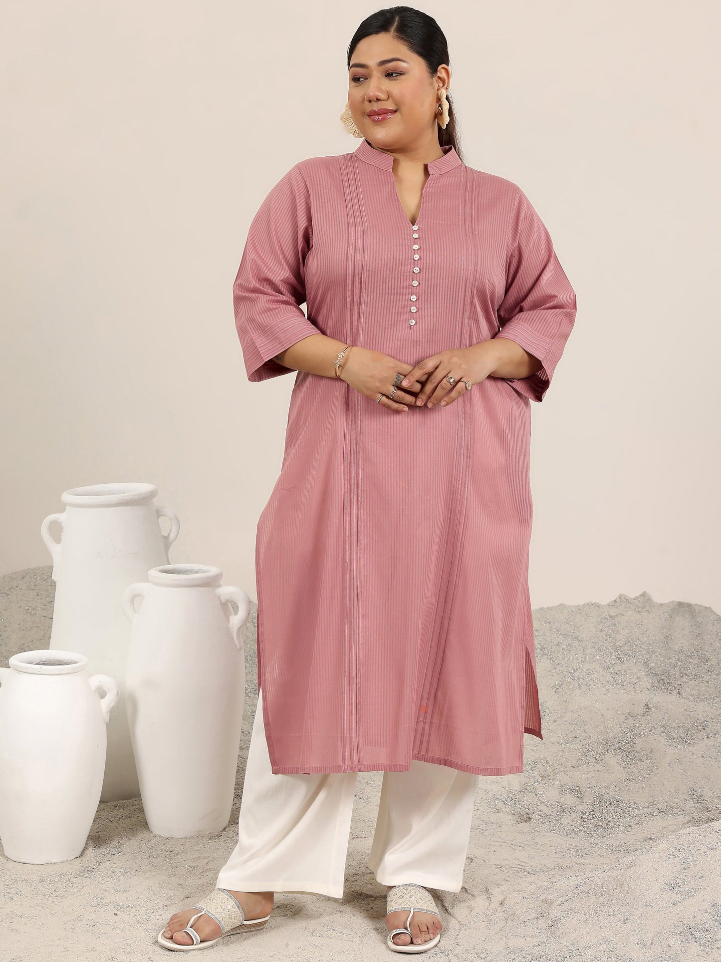 Plus Size Mauve Printed Cotton Straight Kurta