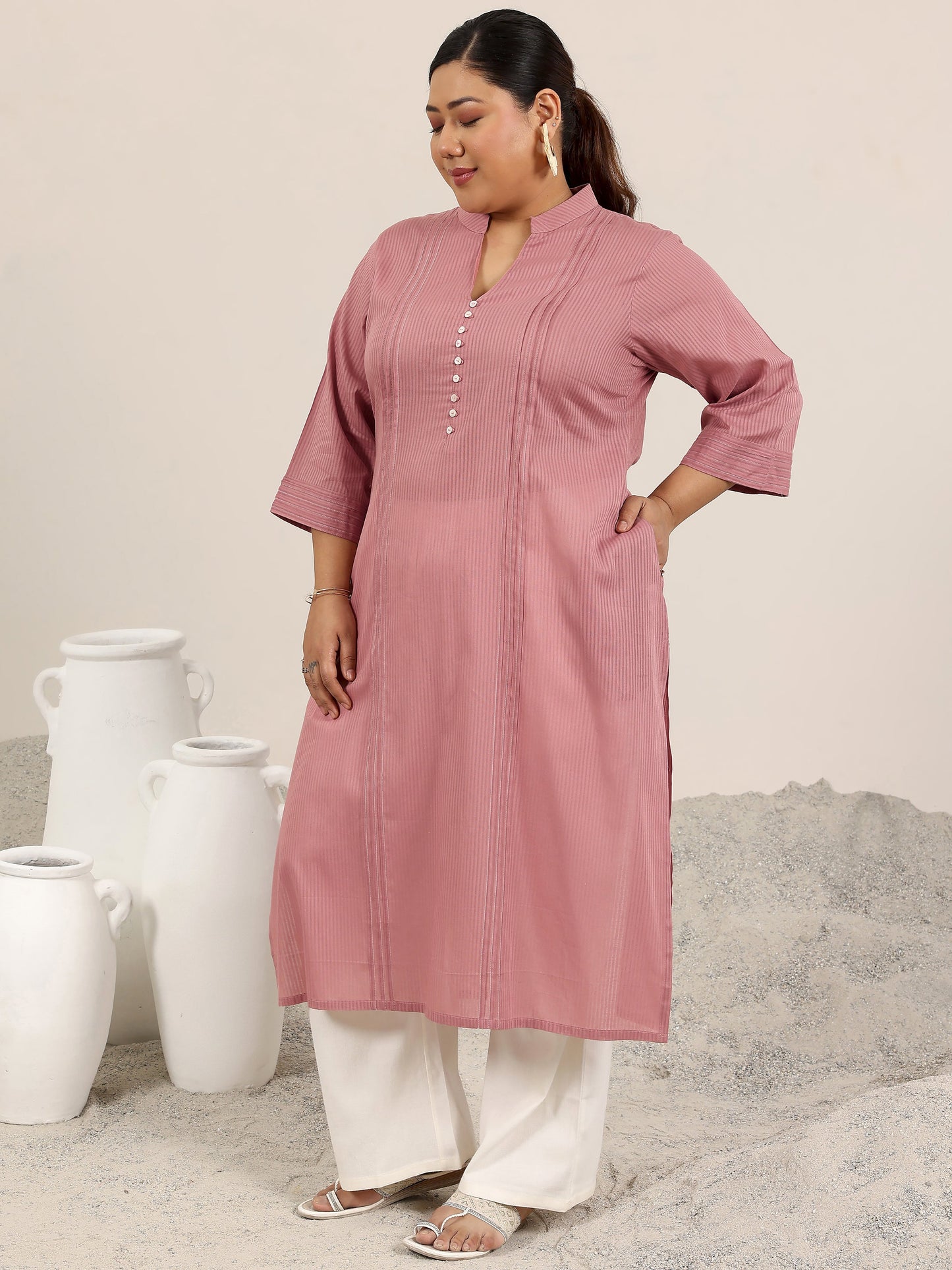 Plus Size Mauve Printed Cotton Straight Kurta