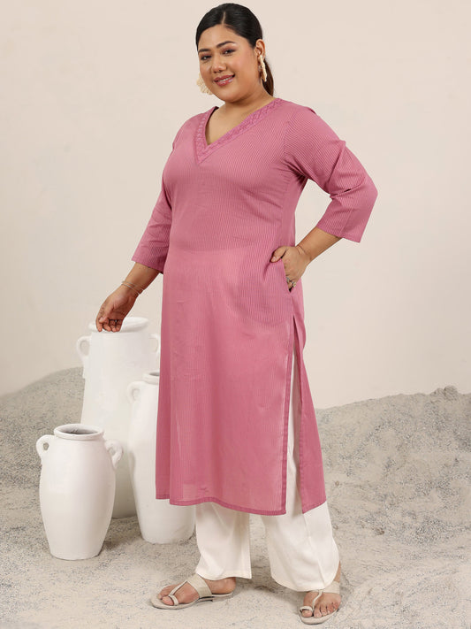 Plus Size Pink Printed Cotton Straight Kurta